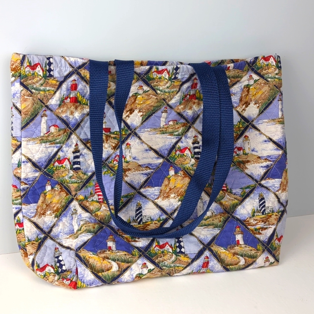 Quilted Tote Bag Blue Nautical Lighthouse Print